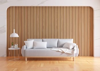 Gray sofa in living room interior with copy space for mock up, 3D rendering